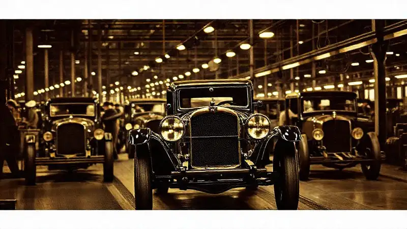 Factoría de coches antiguos, 1920s, ensamblaje