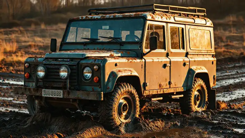 Un Defender robusto explora el barro dorado